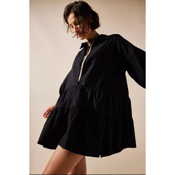 Free People Dresses & Skirts - Free People Free-est Black Tiered Mini Dress Oversized Babydoll Balloon Sleeve M